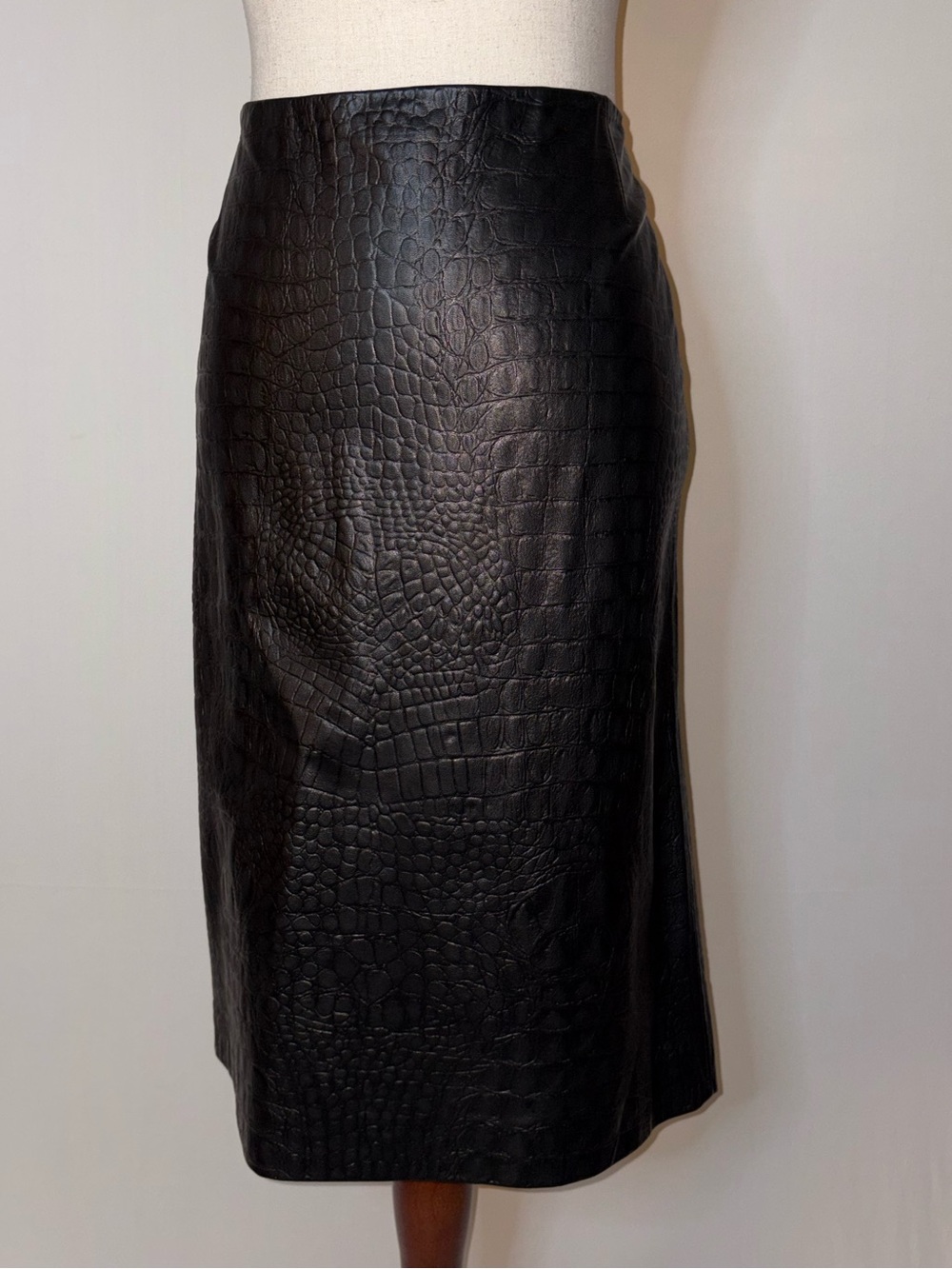 Rena Lange Vintage Nappa Lamb Leather Crocodile Embossed Pencil Skirt Size 12